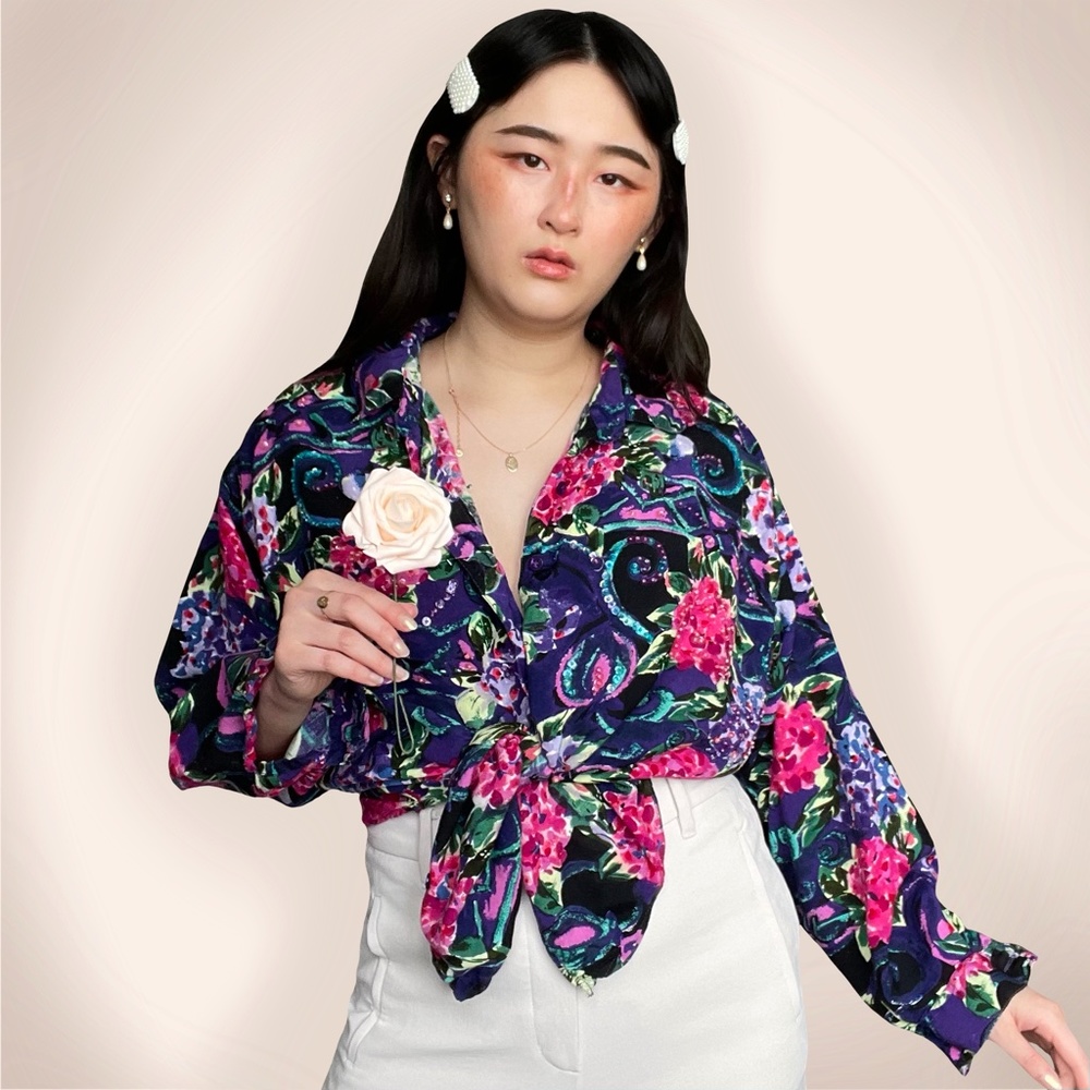 vtg hydrangea floral button up